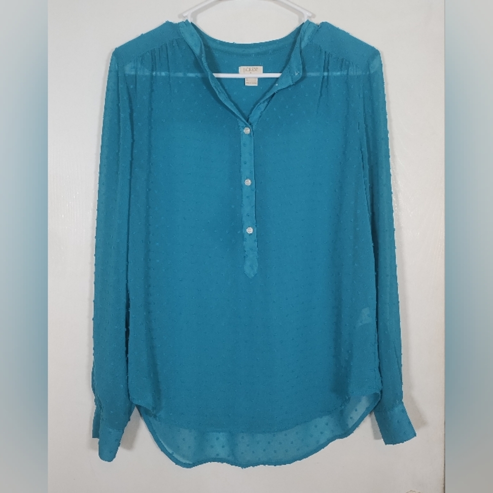 J. Crew Blouse Top Women's XS Popover Half Button Down Sheer Teal Blue Flowy